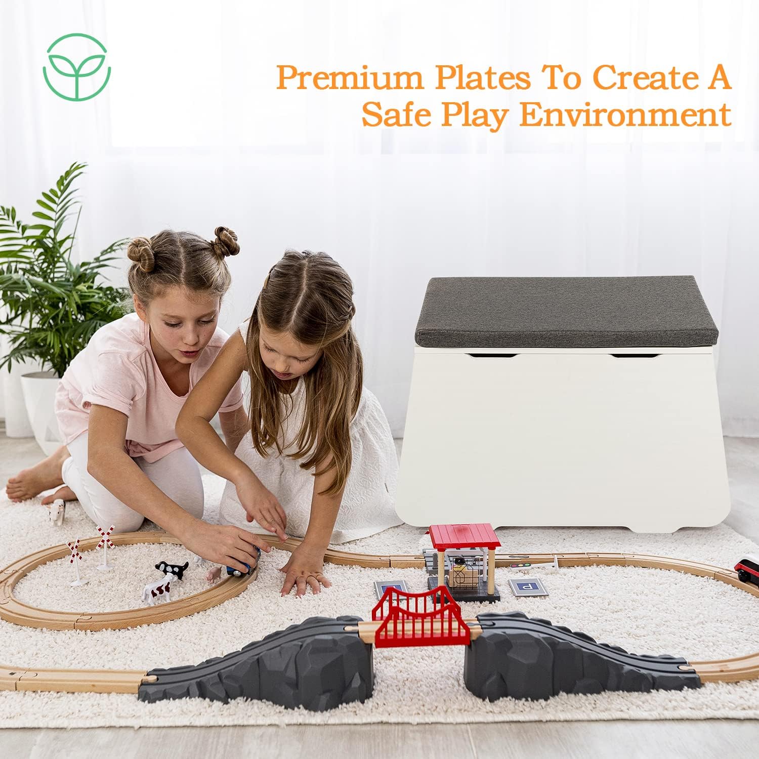 Montessori Wooden Toy Box with Lid | Grey Padded Seat | Storage Chest | White