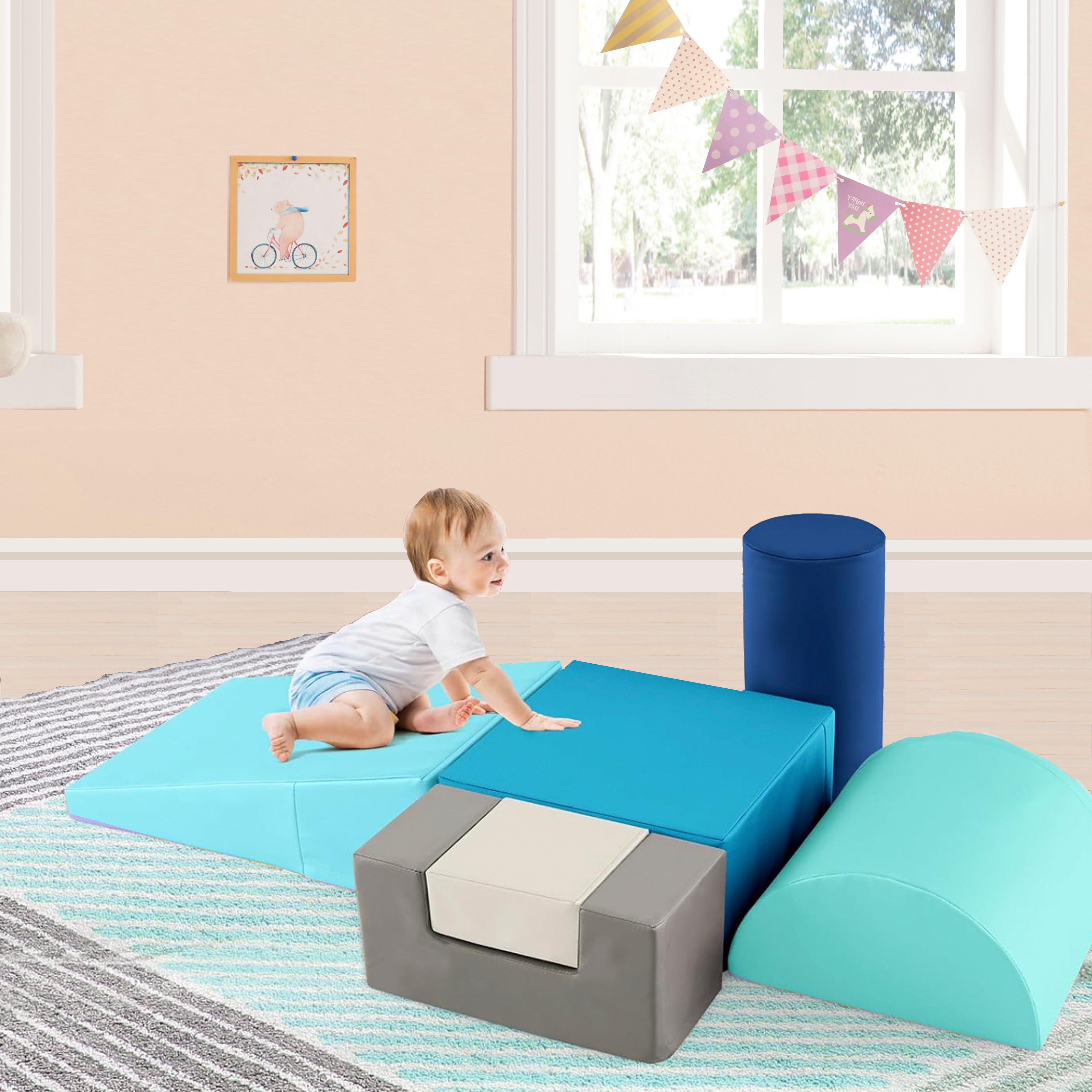 Soft Play Equipment | Montessori 6 Piece Foam Play Set | Soft Play Slide & Bridge | 1-3 years