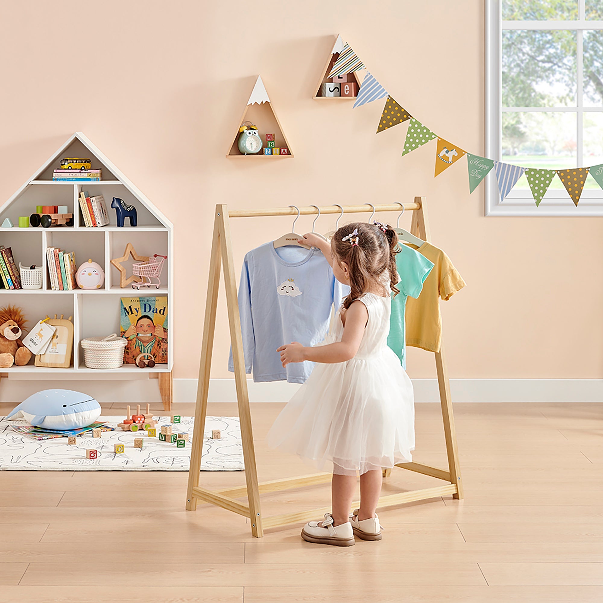 Montessori Wooden Dress-Up Rail for Toddlers | Natural Pine