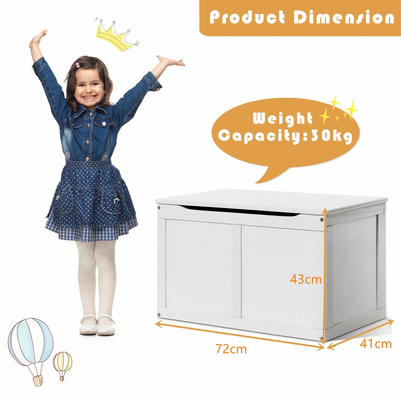 Kids Montessori Eco Wooden Toy Box with Slow-Release Safety Hinge | White | 72cm