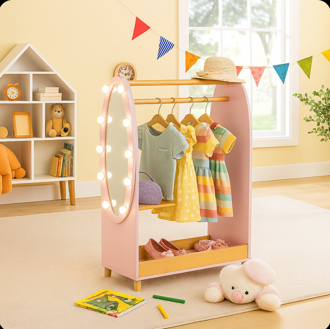 Deluxe Montessori Dress Up Rail | LED Light-up Mirror & Storage | 1.09m high | Princess Pink