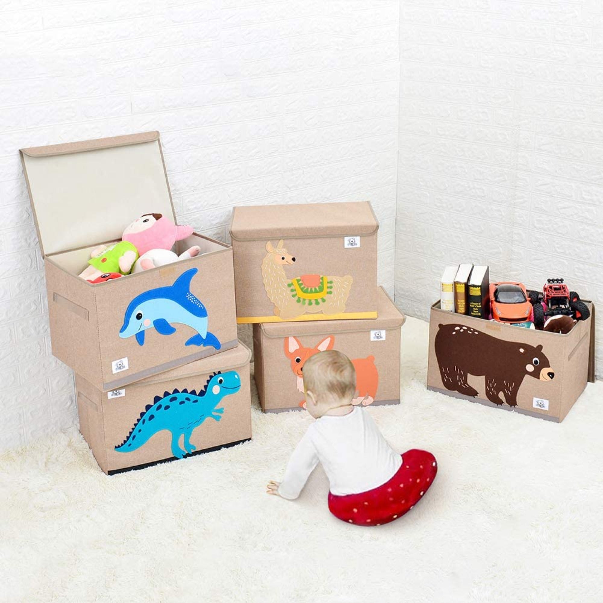 Large Collapsible Montessori Kids Toy Box with Flip Lid | Sturdy Canvas | 10 Animal Designs | 3D Applique