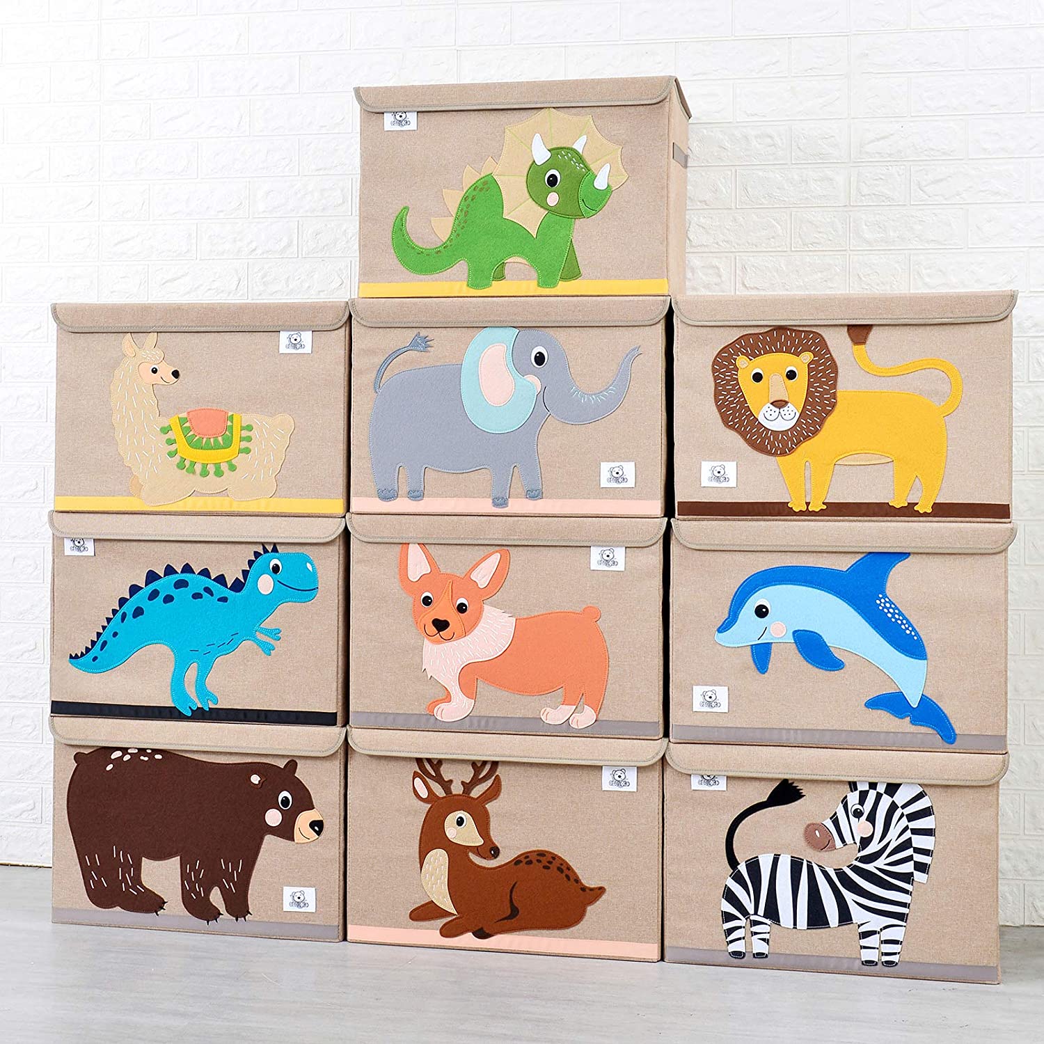 Large Collapsible Montessori Kids Toy Box with Flip Lid | Sturdy Canvas | 10 Animal Designs | 3D Applique