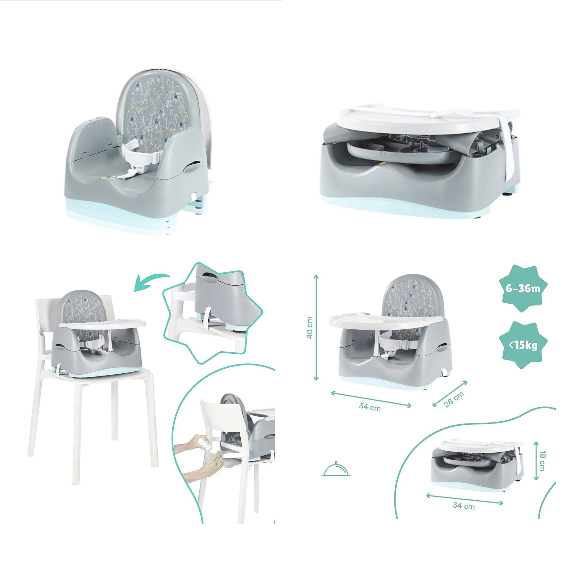 Eco Recycled Comfort Portable & Folding Baby-to-Toddler Booster Seat | Portable High Chair | Teal, Grey & White