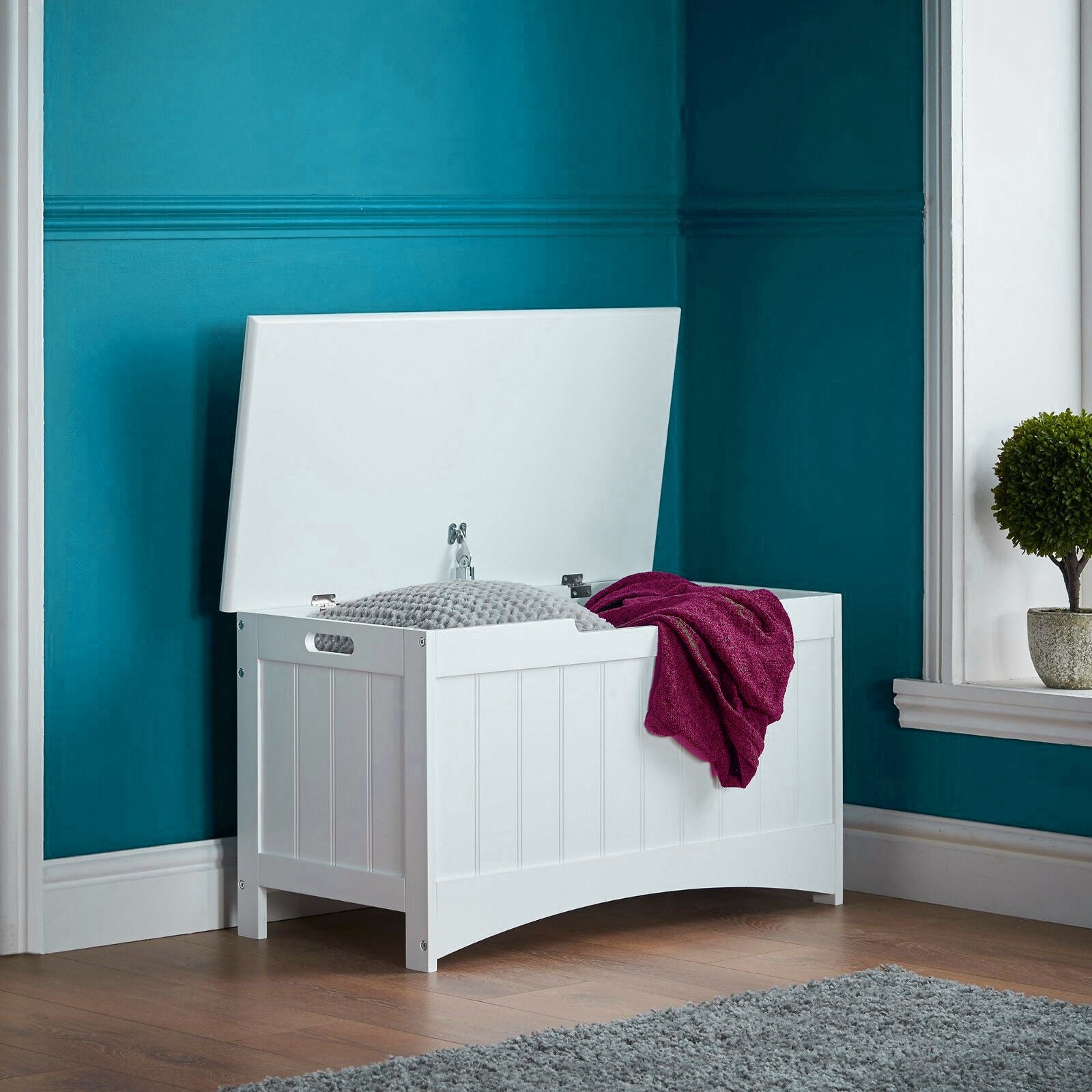 Kids Large Wooden Toy Box with Slow Release Hinge | Ottoman | Blanket Box | White | 80cm long