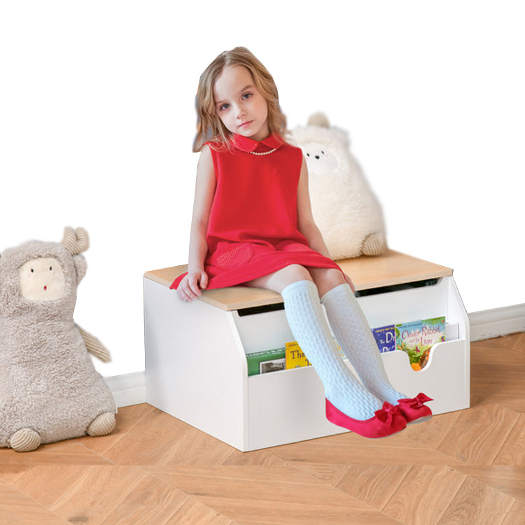 3-in-1 Montessori Toy Box, Bookshelf & Seat with Child Safety Hinge | White | 58L x 43W x 30H cm