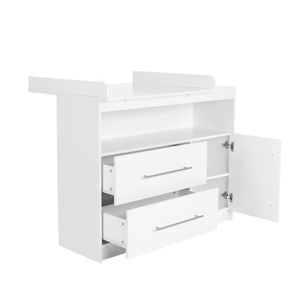 Modern Baby Changing Unit | Storage Shelf | 2 Drawers | Cupboard & Removable Topper | White