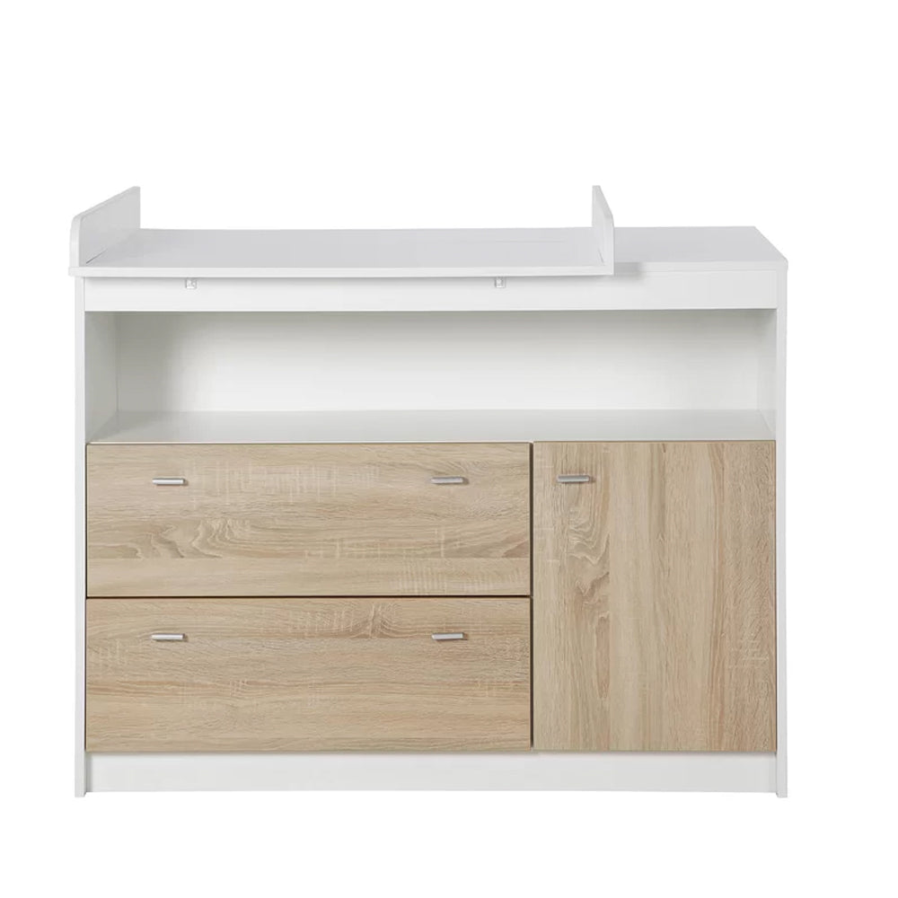 Eco Conscious Sonoma Oak Wood Baby Changing Unit | Storage Pockets | Cupboard & 2 Drawers | Removable Topper | White & Oak