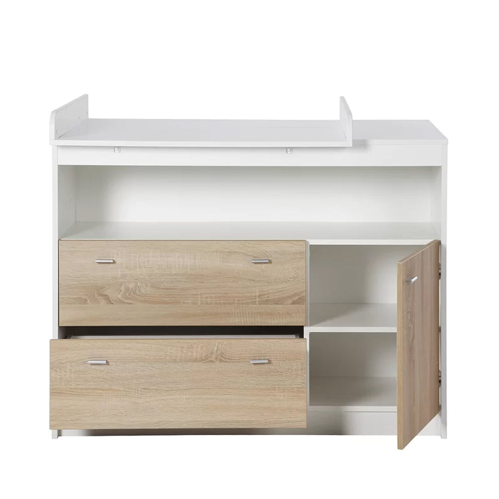 Eco Conscious Sonoma Oak Wood Baby Changing Unit | Storage Pockets | Cupboard & 2 Drawers | Removable Topper | White & Oak