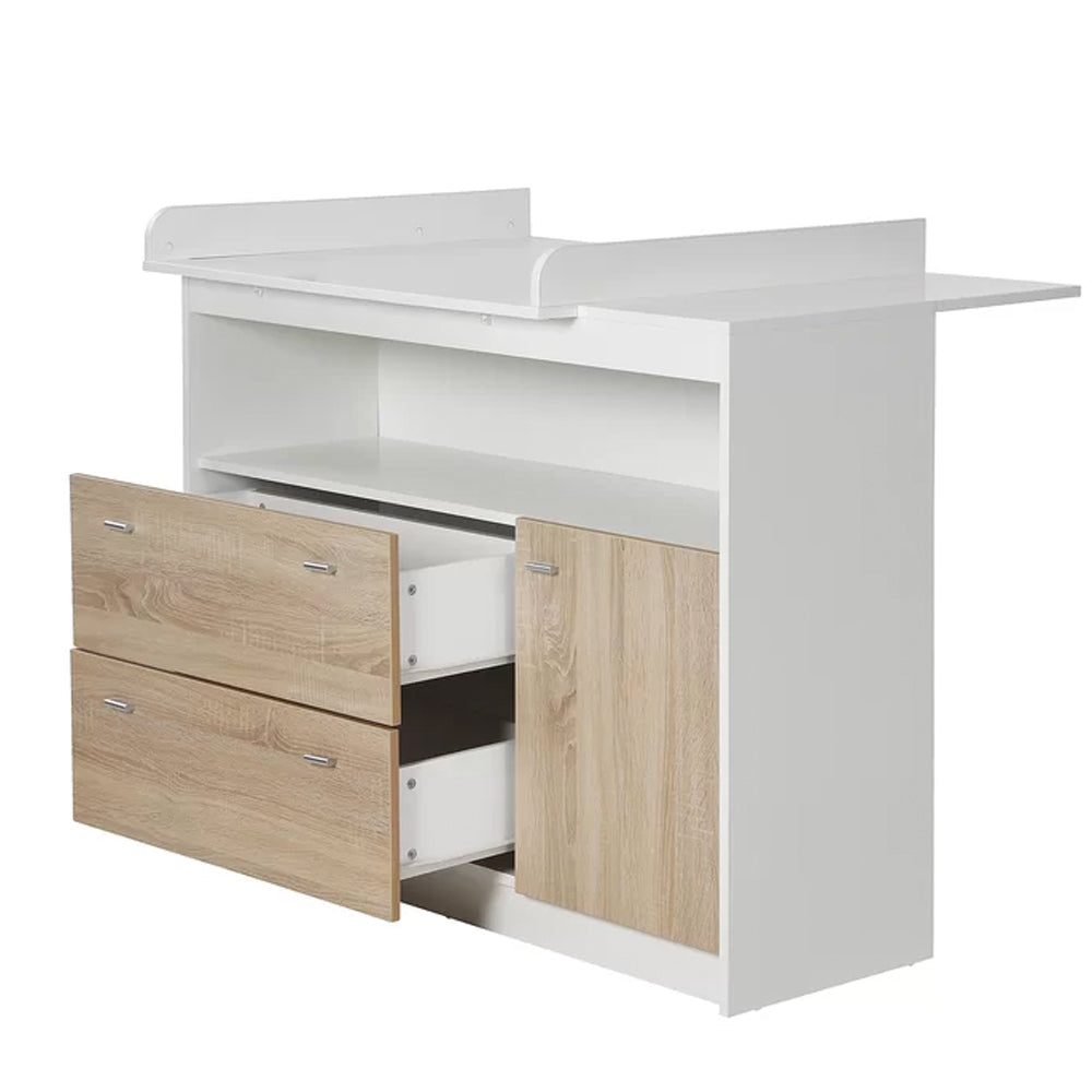 Eco Conscious Sonoma Oak Wood Baby Changing Unit | Storage Pockets | Cupboard & 2 Drawers | Removable Topper | White & Oak