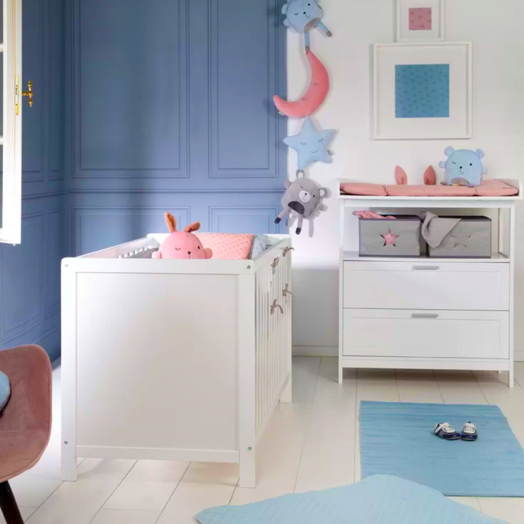 2 Piece Nursery Next-to-Me Cot | Matching Changing Unit with Drawers & Storage | White