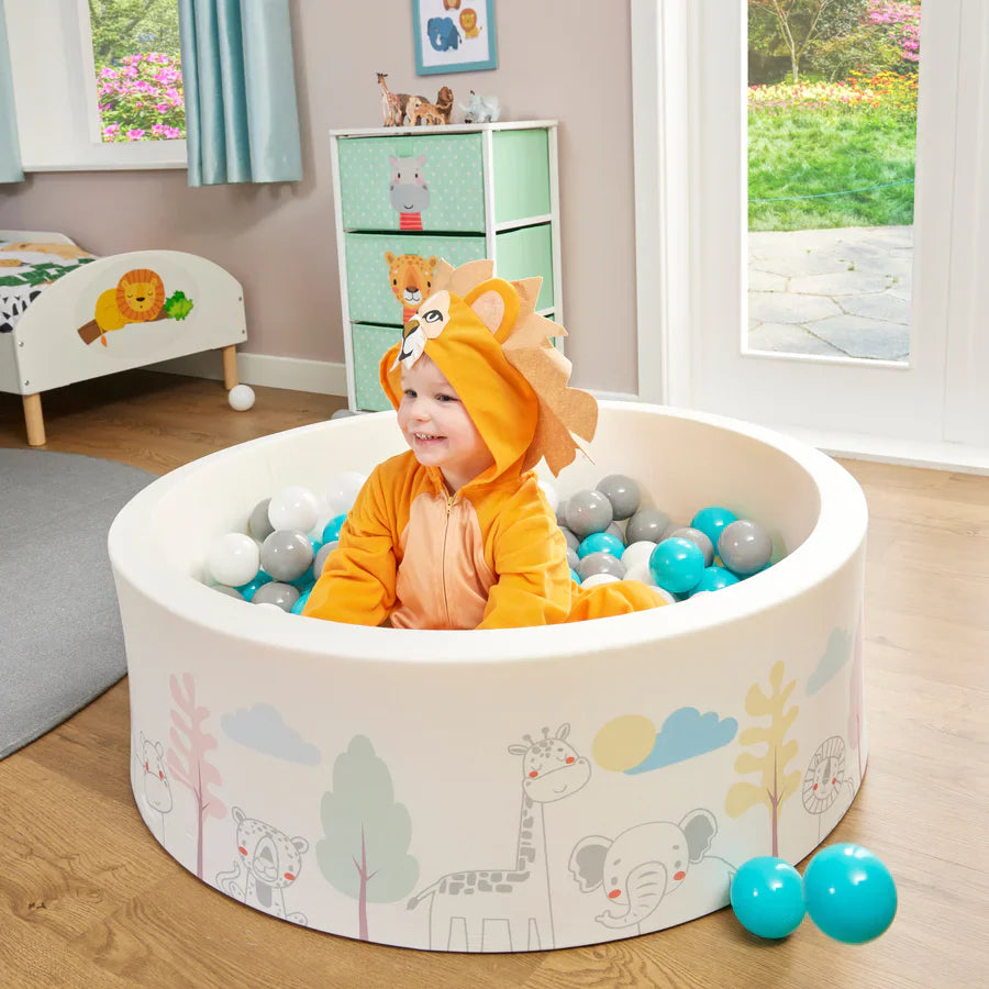 Montessori Ball Pit | Ball Pool | Thick Inner Floor Mat | 200 FREE balls | 90 x 90 x 30cm | Safari Animals