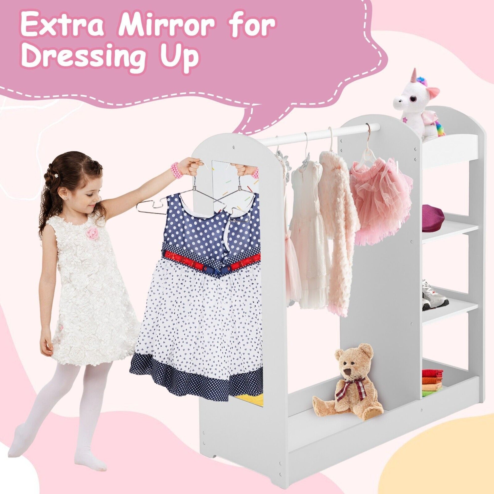 3-in-1 Montessori Dress Up & Clothes Rail | 4 Shelves | Mirror & Storage | Pink or White | 1m High