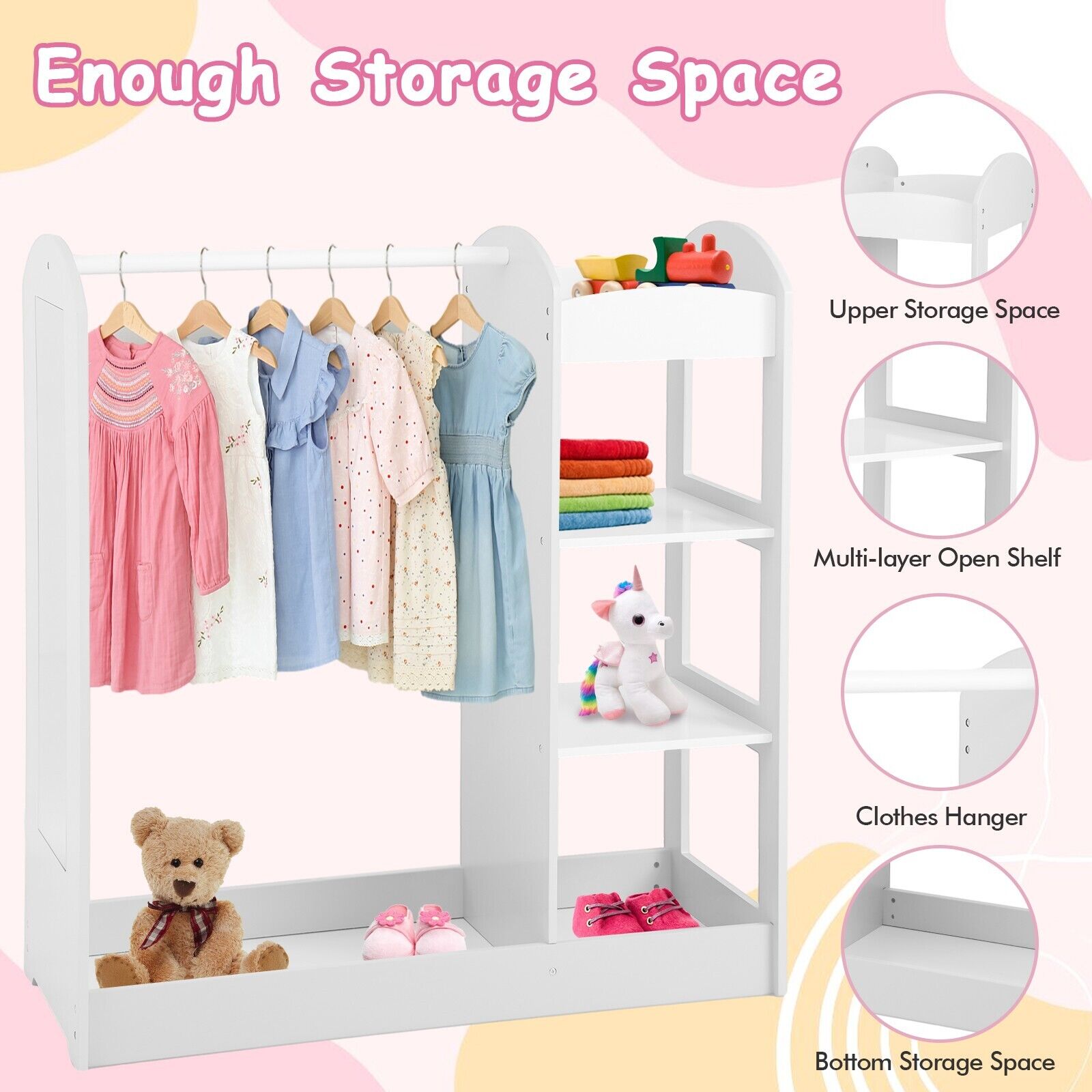 3-in-1 Montessori Dress Up & Clothes Rail | 4 Shelves | Mirror & Storage | Pink or White | 1m High