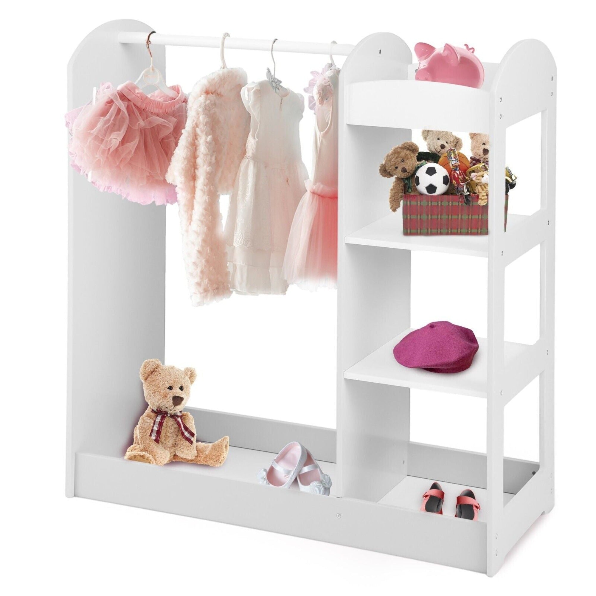 3-in-1 Montessori Dress Up & Clothes Rail | 4 Shelves | Mirror & Storage | Pink or White | 1m High