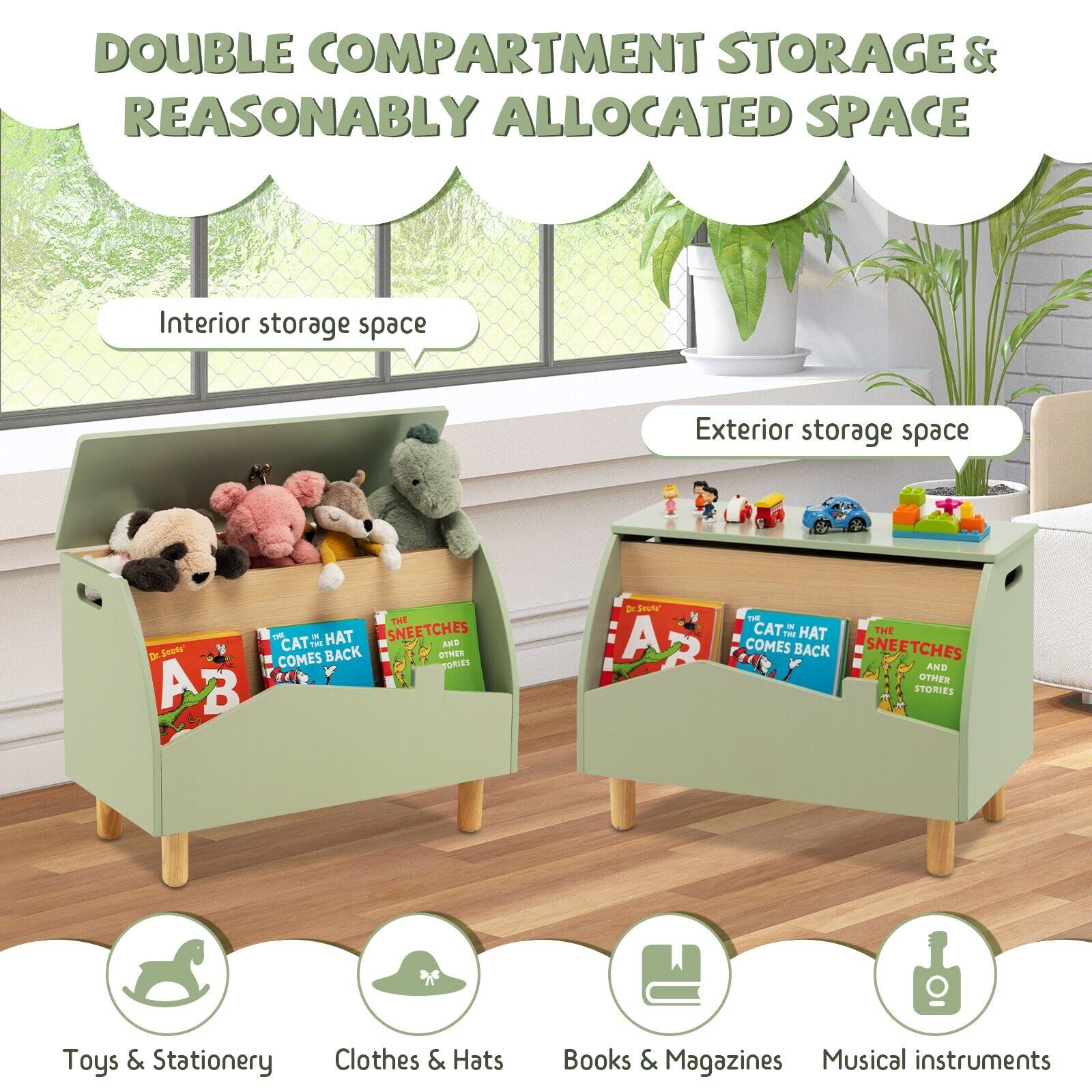 Cute 3-in-1 Montessori Toy Box | Bench Seat | Book Shelf | Pistachio Green