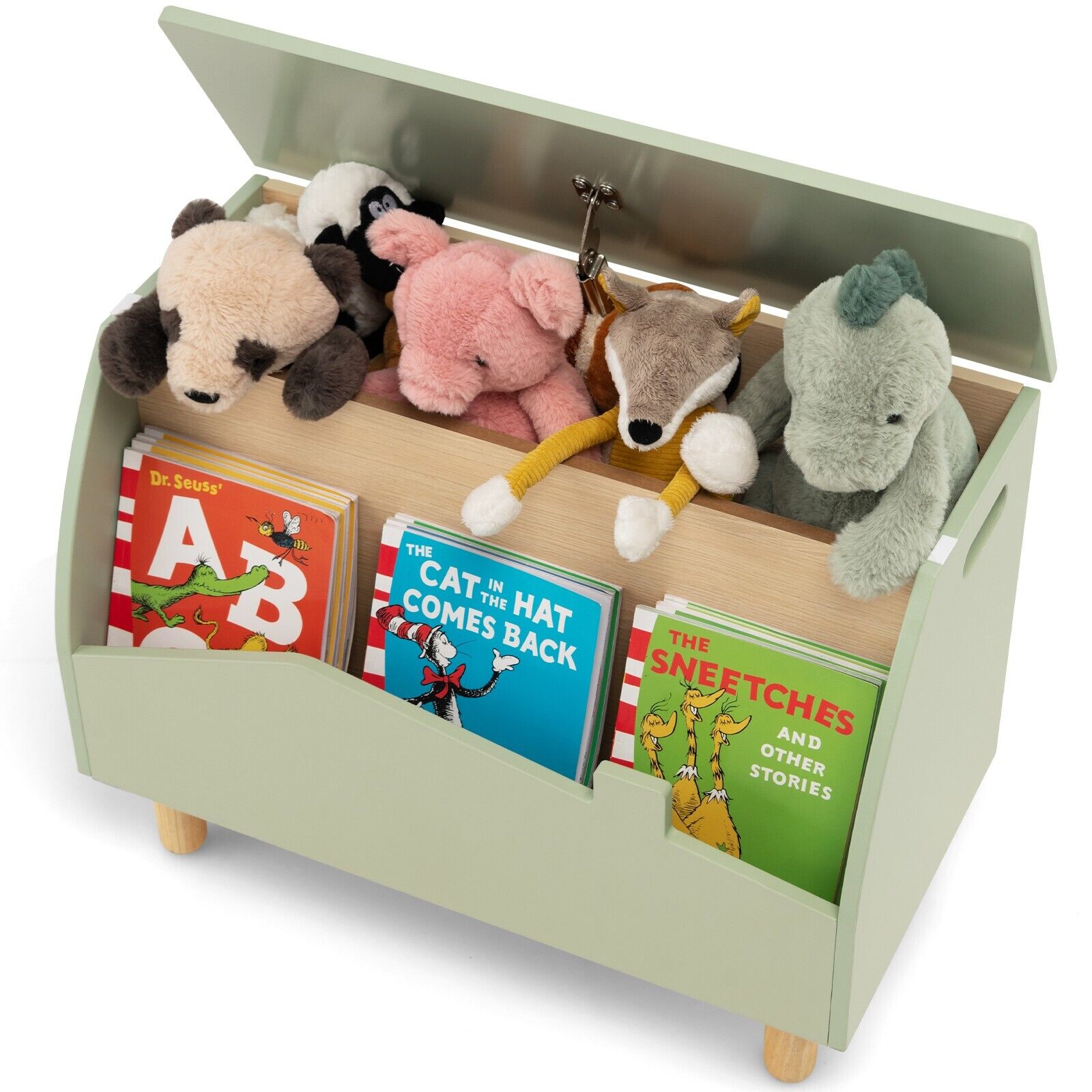 Cute 3-in-1 Montessori Toy Box | Bench Seat | Book Shelf | Pistachio Green
