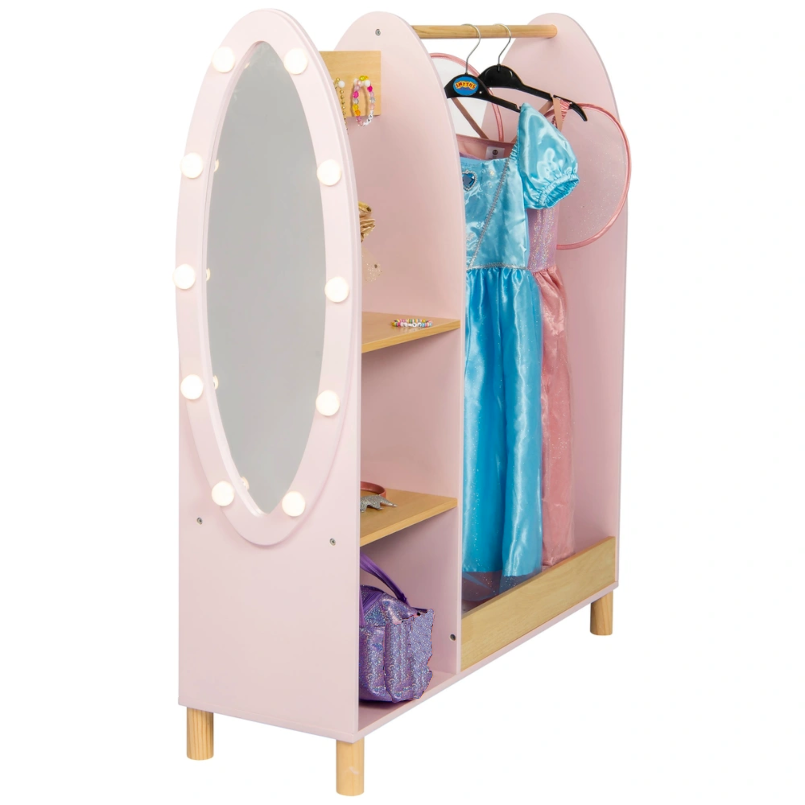 Deluxe Montessori Dress Up Rail | LED Light-up Mirror & Storage | 1.09m high | Princess Pink