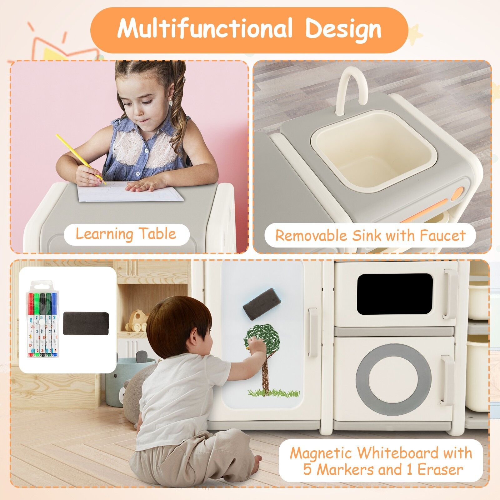 3-in-1 Large Montessori Toy Kitchen | Magnetic White Board | Toy Storage Unit