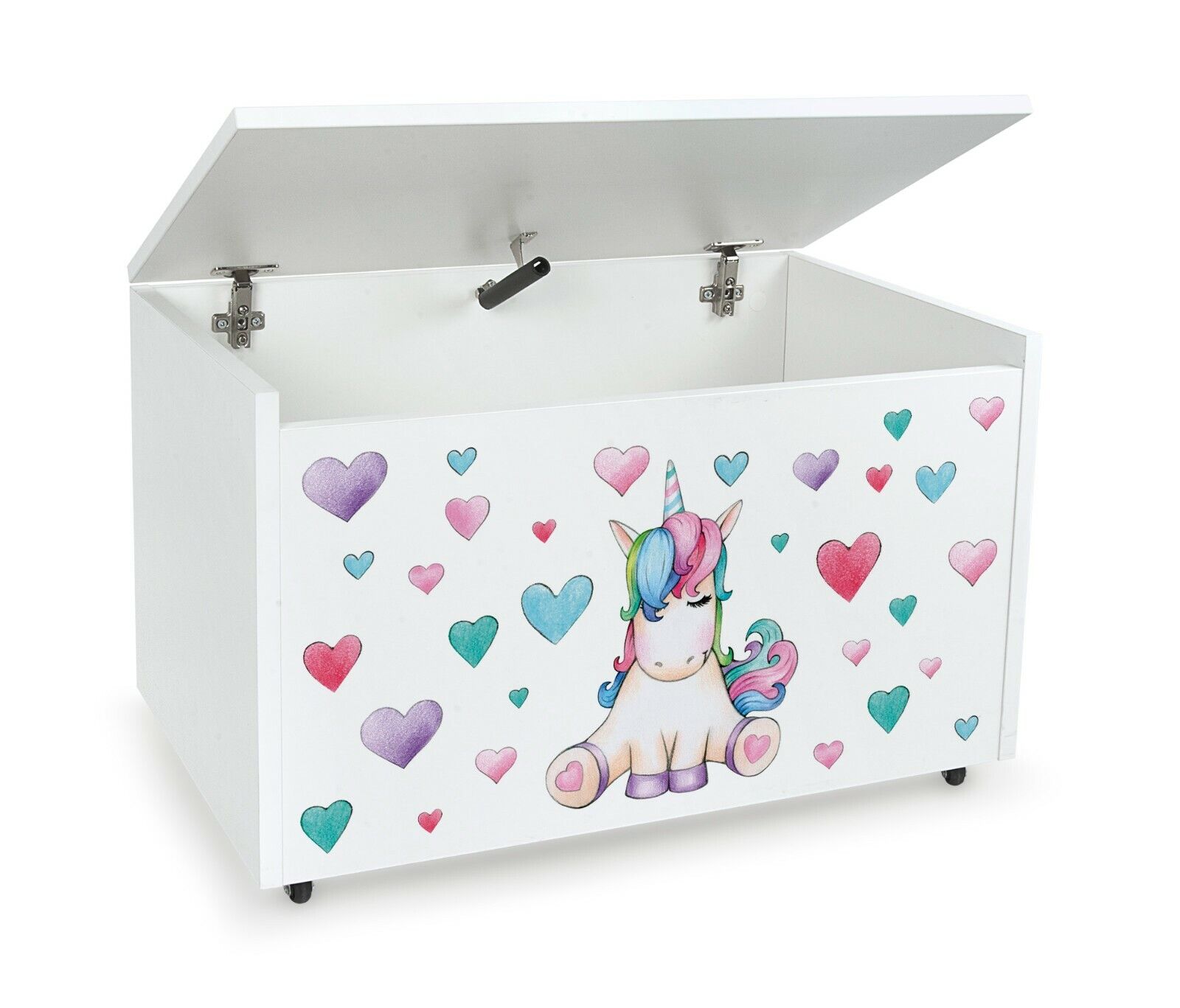 Montessori Unicorn Toy Box with Slow Close Safety Hinge | White | Pastels | H:46 x W:71.5 x D:40 cm