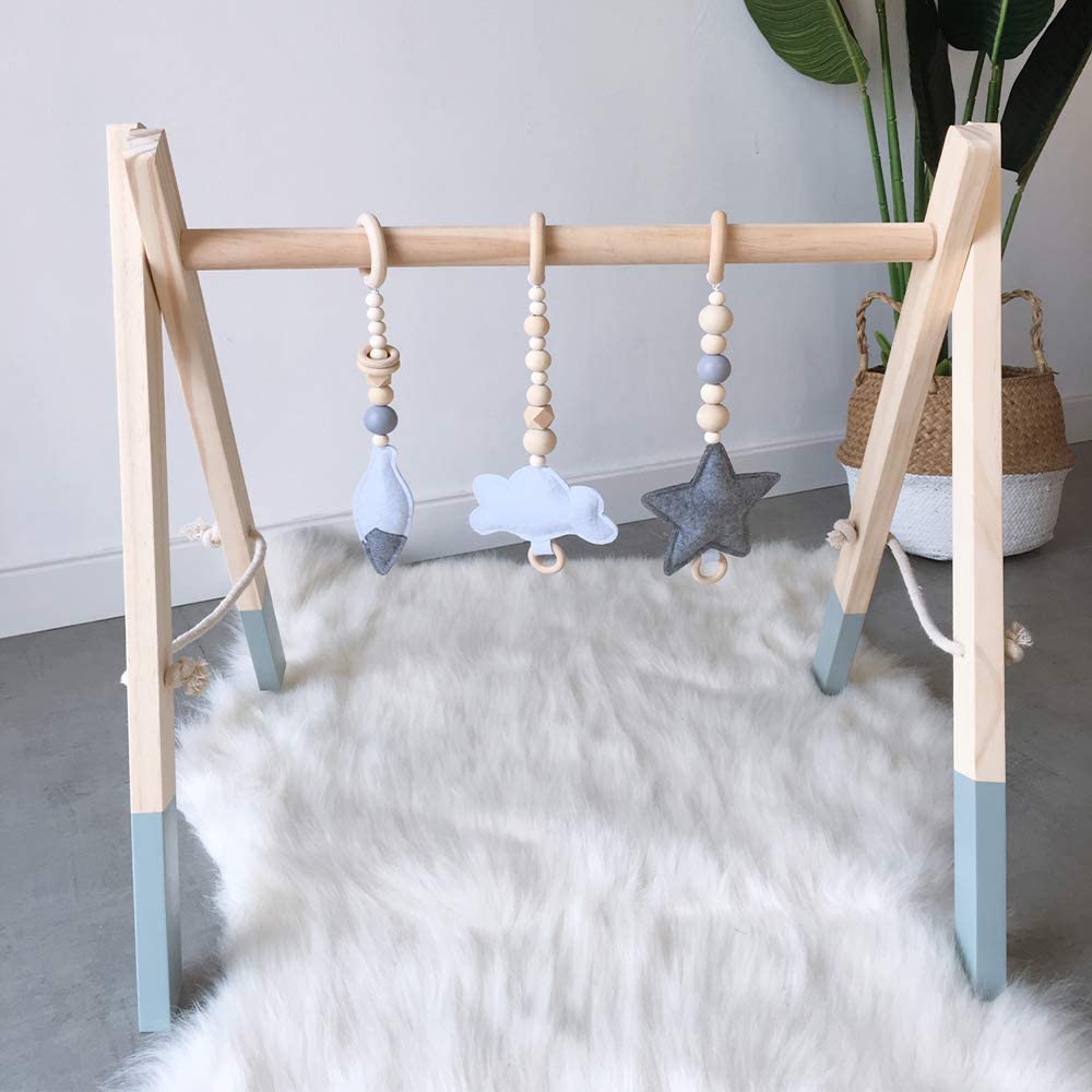 Eco-Friendly Montessori 100% Natural Pine Wooden Baby Gym | Foldable | Natural & Grey | 3m+