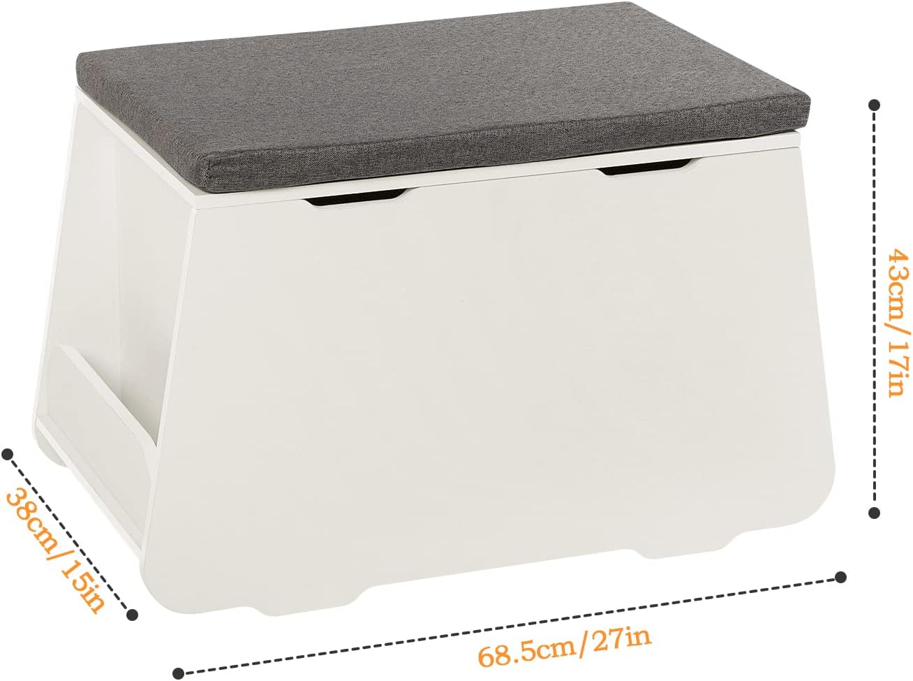 Montessori Wooden Toy Box with Lid | Grey Padded Seat | Storage Chest | White