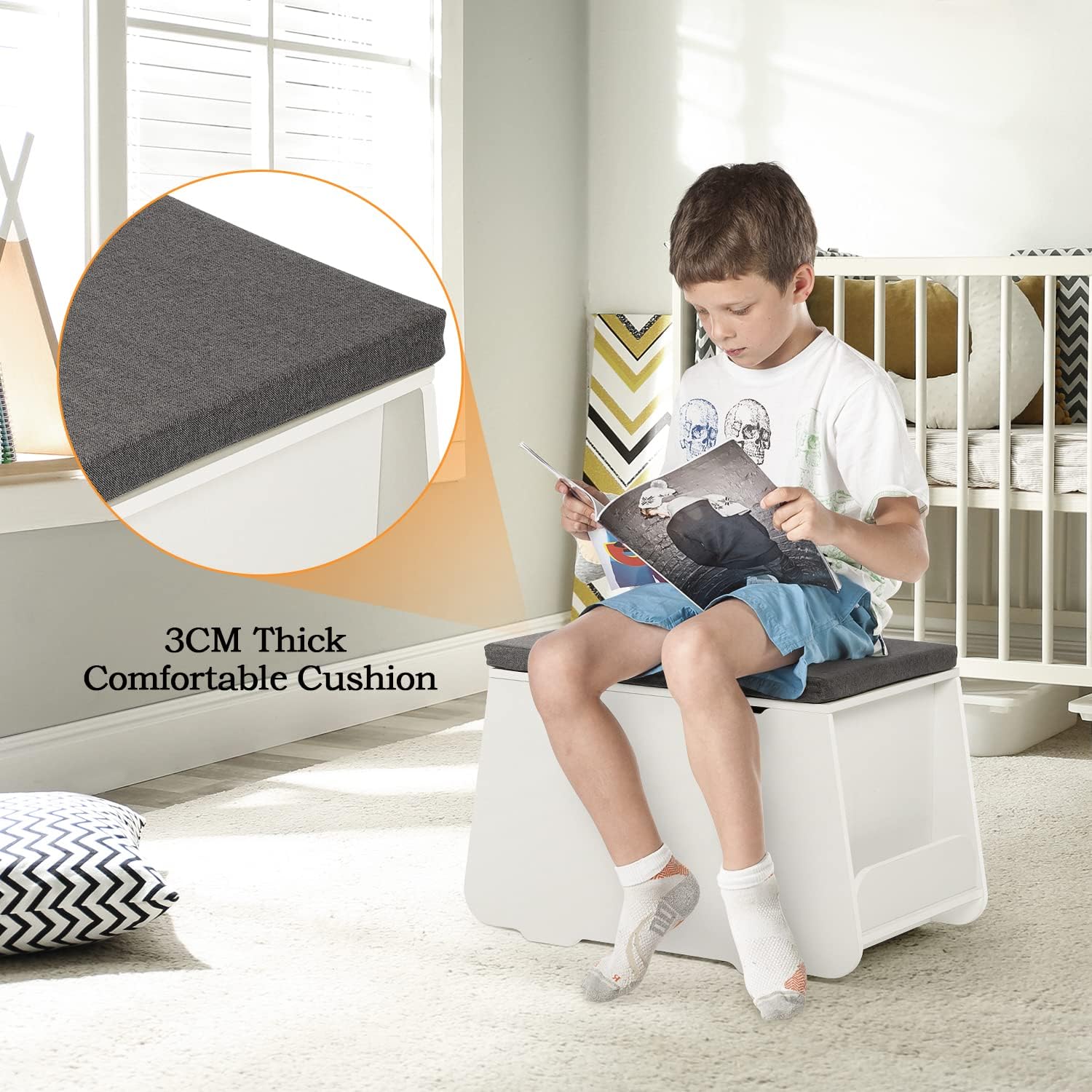 Montessori Wooden Toy Box with Lid | Grey Padded Seat | Storage Chest | White