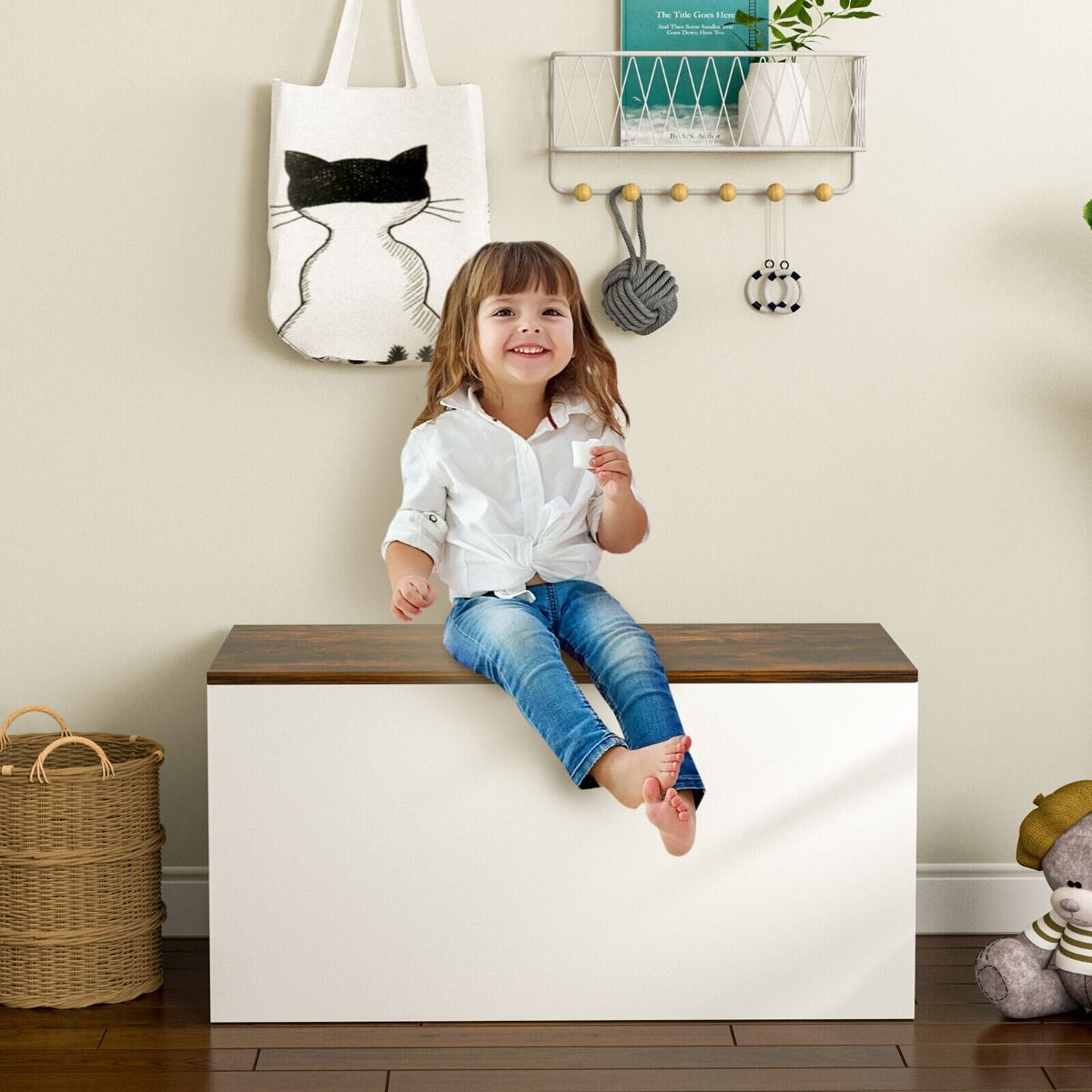 Kids Multifunctional Wooden Toy Box | Self-Holding Lid | Childrens Wooden Toy Storage Box | White