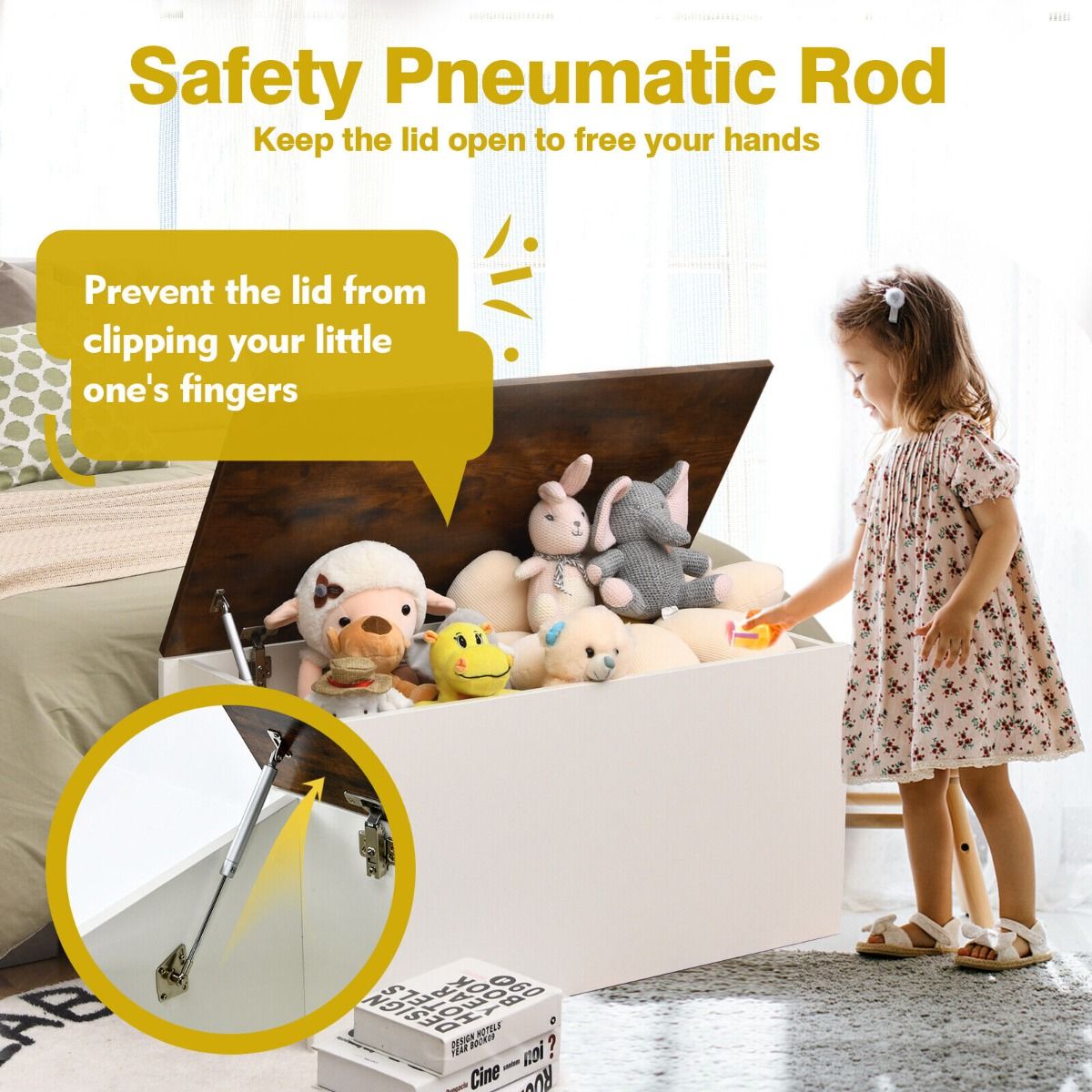 Kids Multifunctional Wooden Toy Box | Self-Holding Lid | Childrens Wooden Toy Storage Box | White