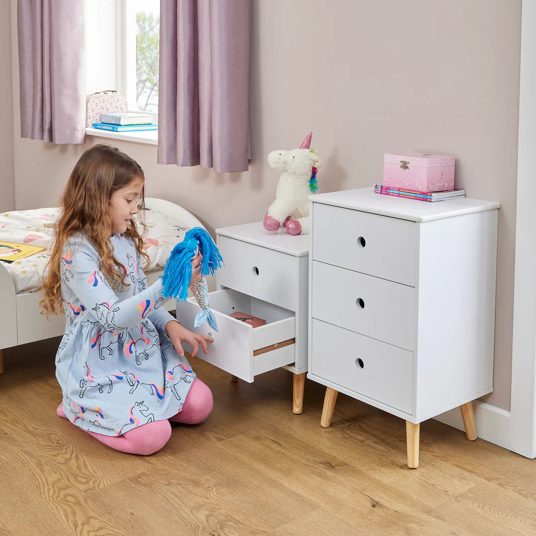 Montessori Modern Bedside Drawers | Children's Toy Storage | White | Pine Legs