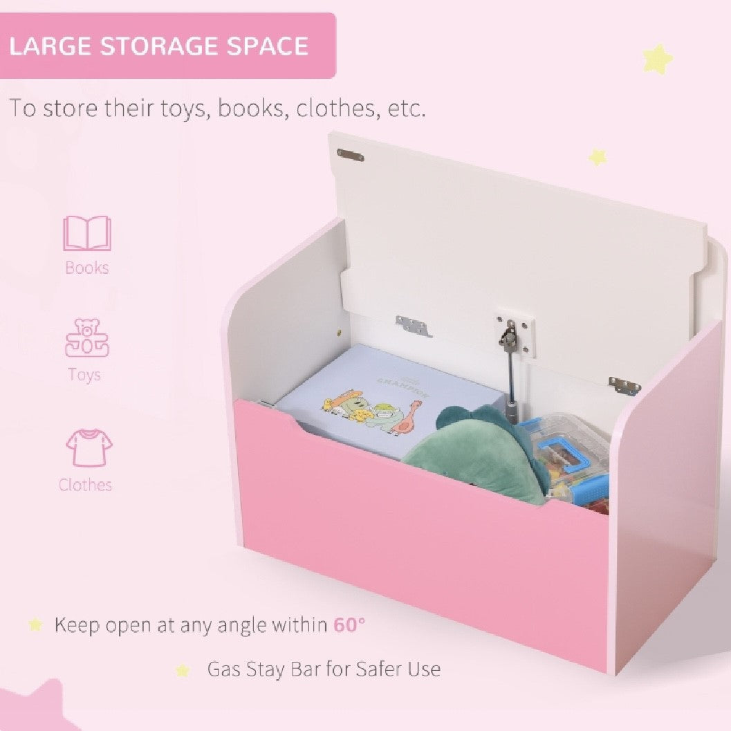 Children’s 2-in-1 Toy Box and Seat | Slow Release Safety Hinge | White & Pink | 3 Years+