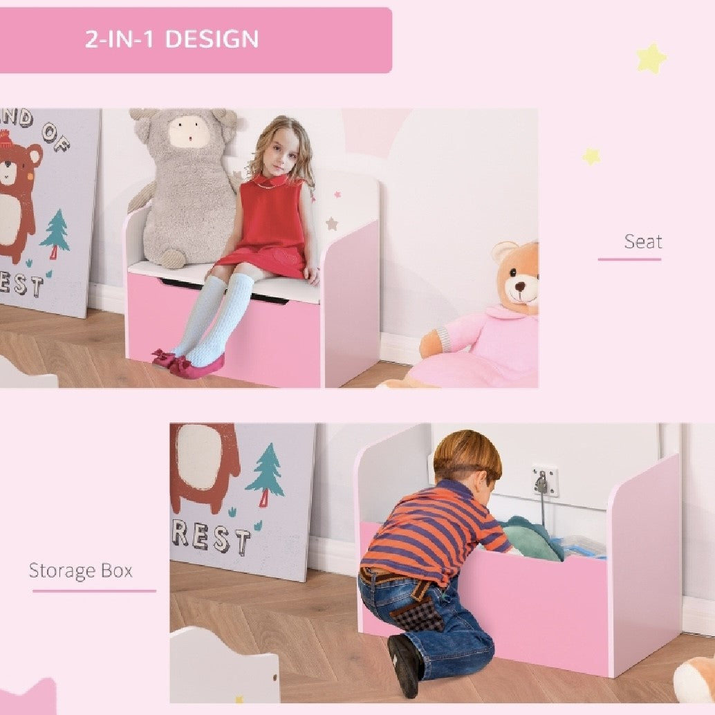 Children’s 2-in-1 Toy Box and Seat | Slow Release Safety Hinge | White & Pink | 3 Years+