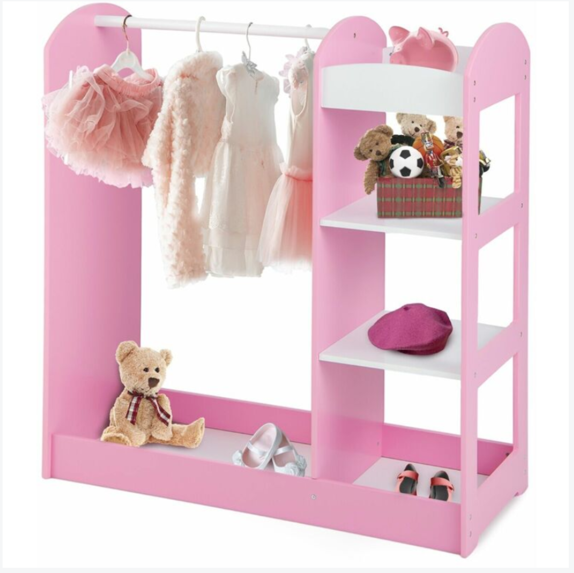 3-in-1 Montessori Dress Up & Clothes Rail | 4 Shelves | Mirror & Storage | Pink or White | 1m High