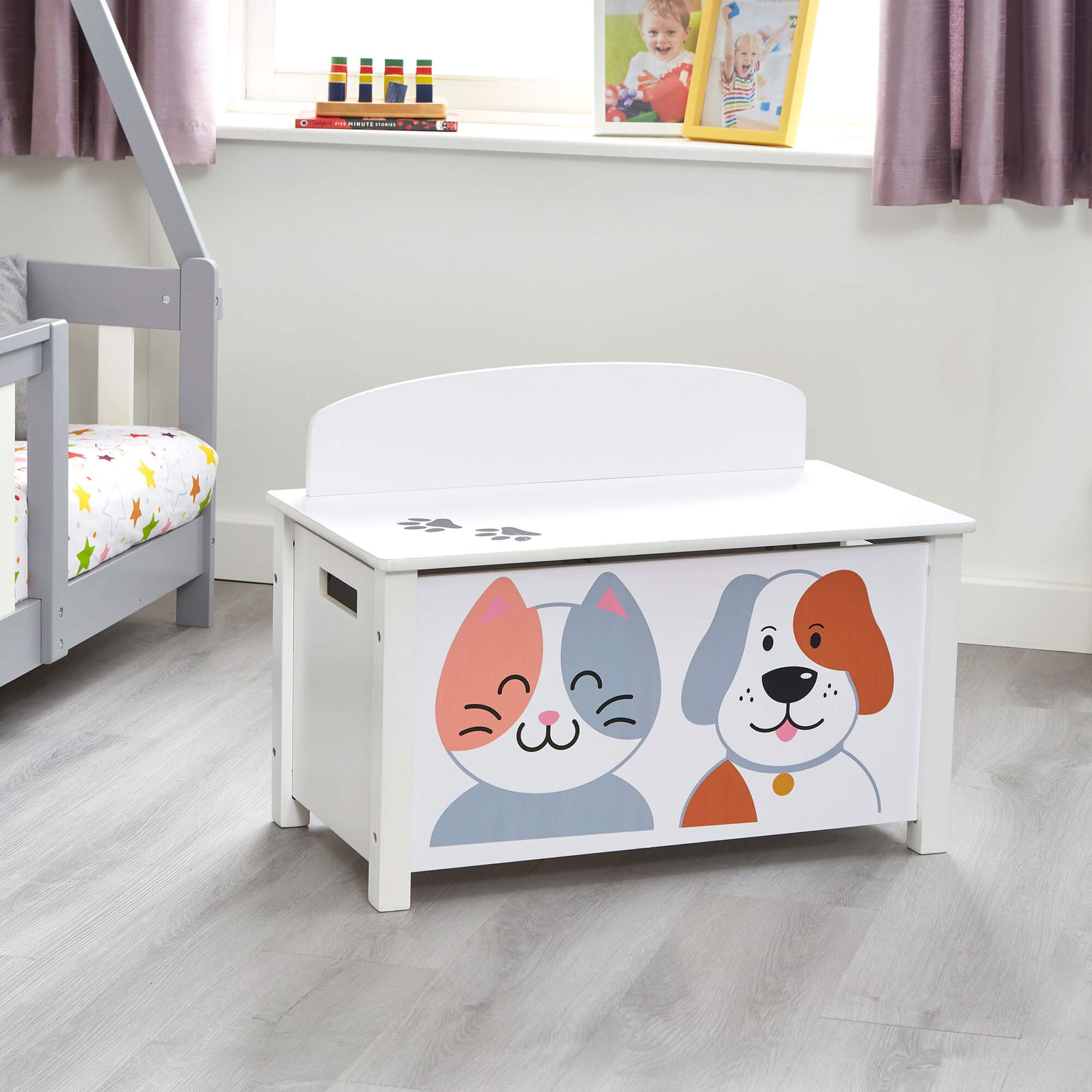 Kids Montessori Toy Box and Seat with Slow Release Hinge | Ottoman | Blanket Box | Cat & Dog Design