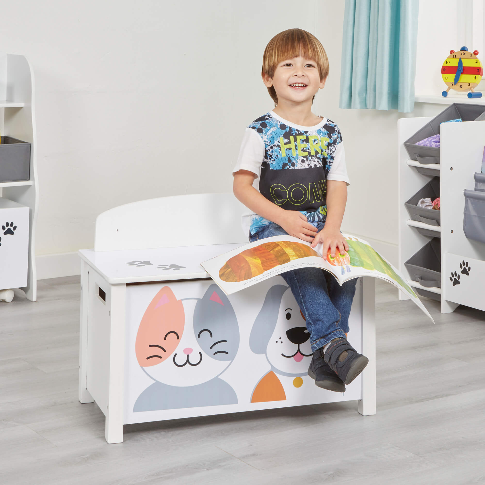 Kids Montessori Toy Box and Seat with Slow Release Hinge | Ottoman | Blanket Box | Cat & Dog Design