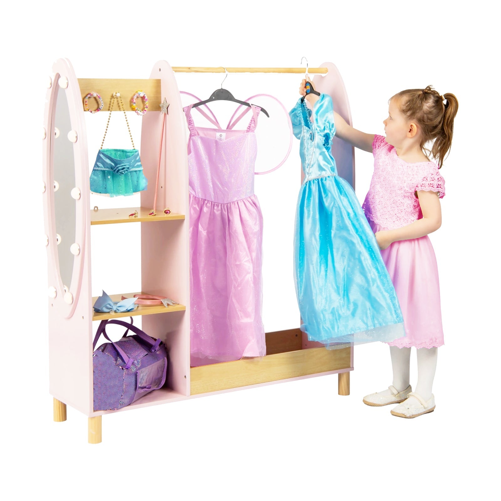 Deluxe Montessori Dress Up Rail | LED Light-up Mirror & Storage | 1.09m high | Princess Pink