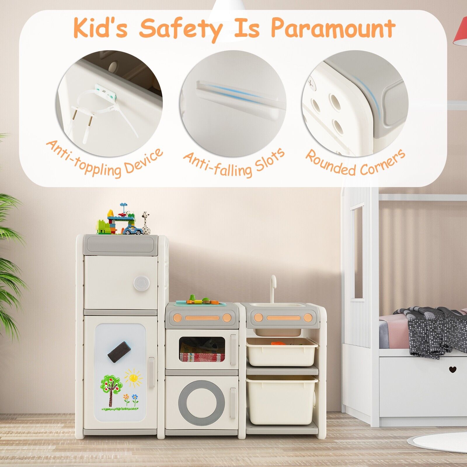 3-in-1 Large Montessori Toy Kitchen | Magnetic White Board | Toy Storage Unit