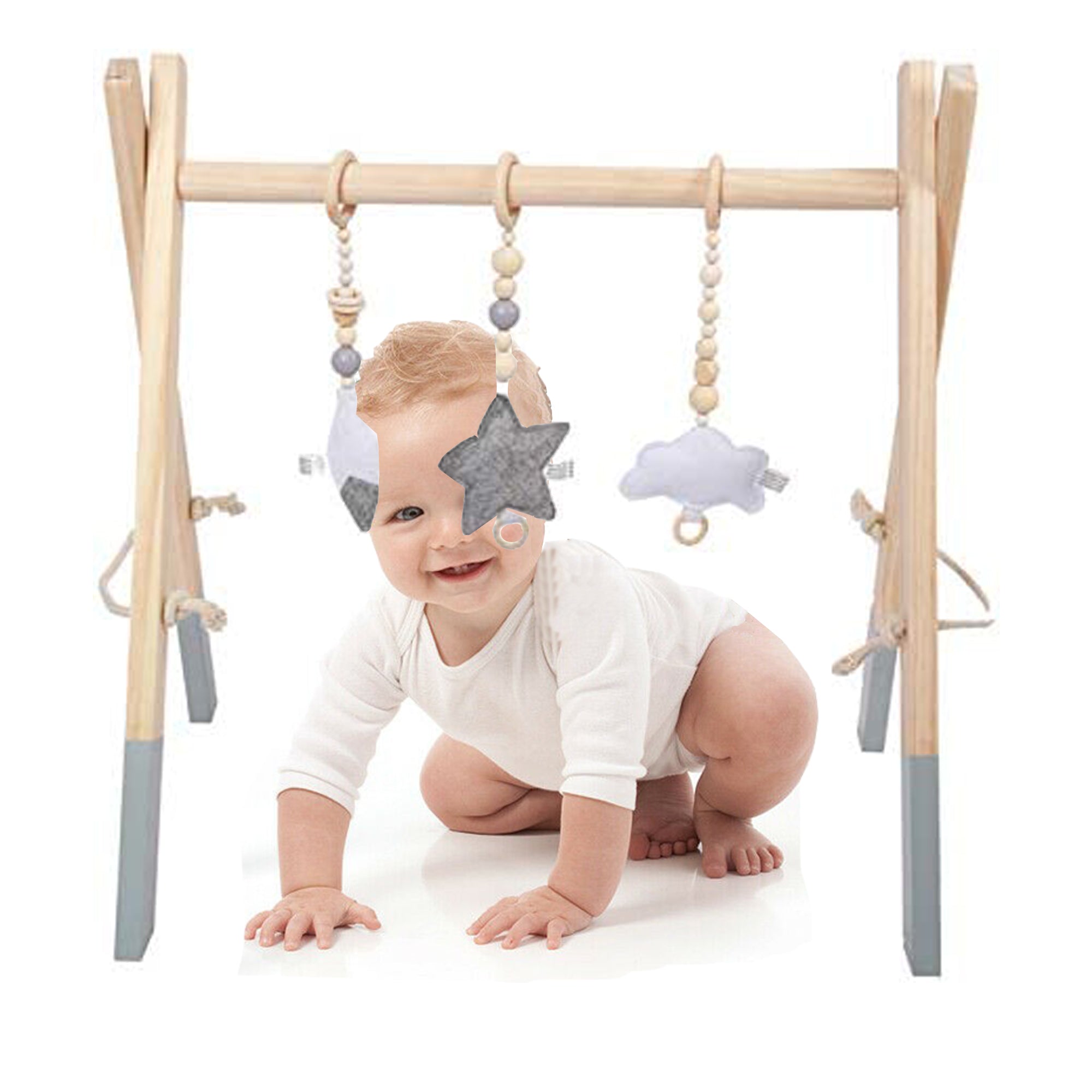 Eco-Friendly Montessori 100% Natural Pine Wooden Baby Gym | Foldable |  Natural & Grey | 3m+